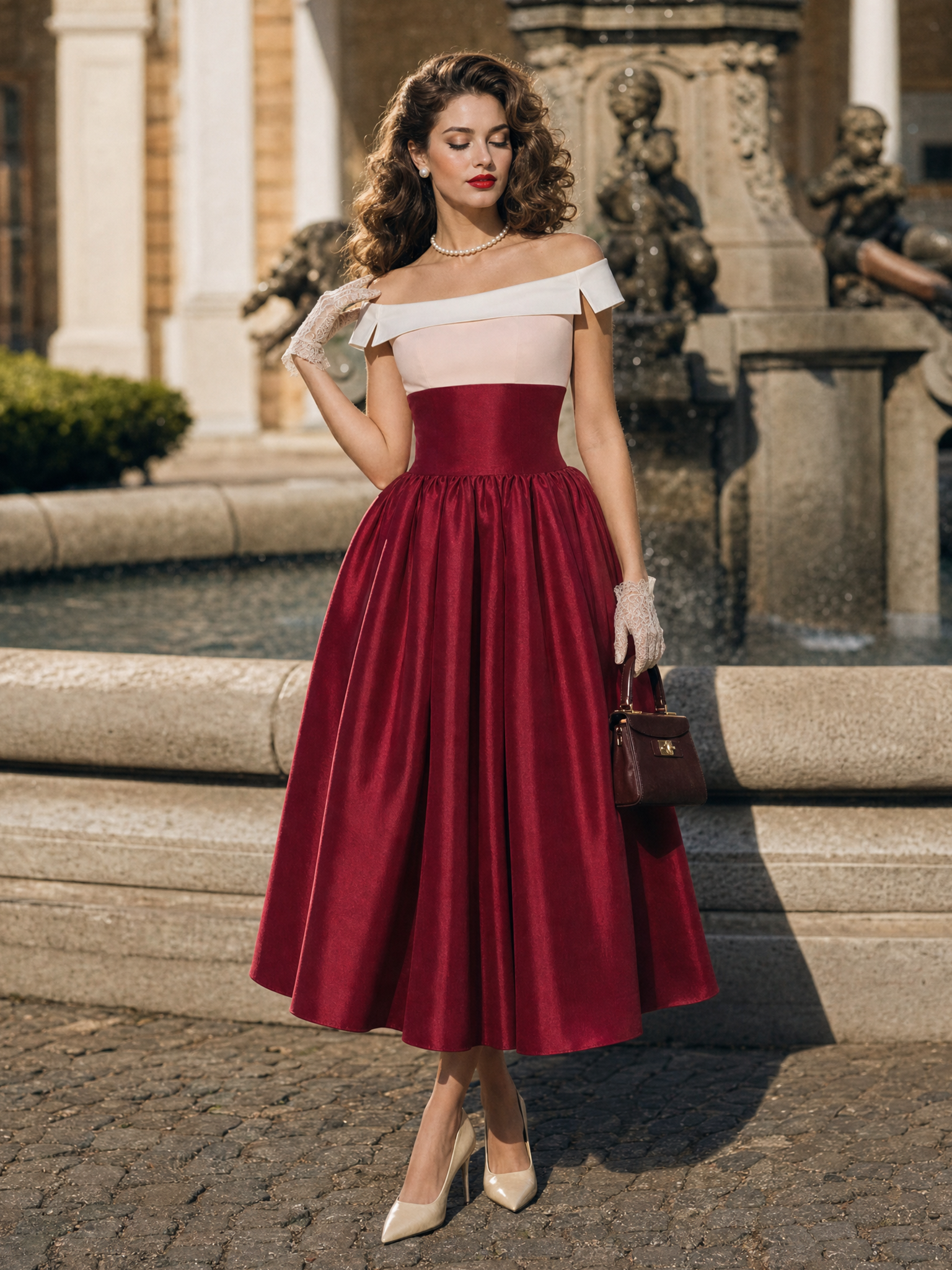 Vintage 1950s Two Tone Off Shoulder Satin Swing Midi Dress