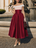 Vintage 1950s Two Tone Off Shoulder Satin Swing Midi Dress