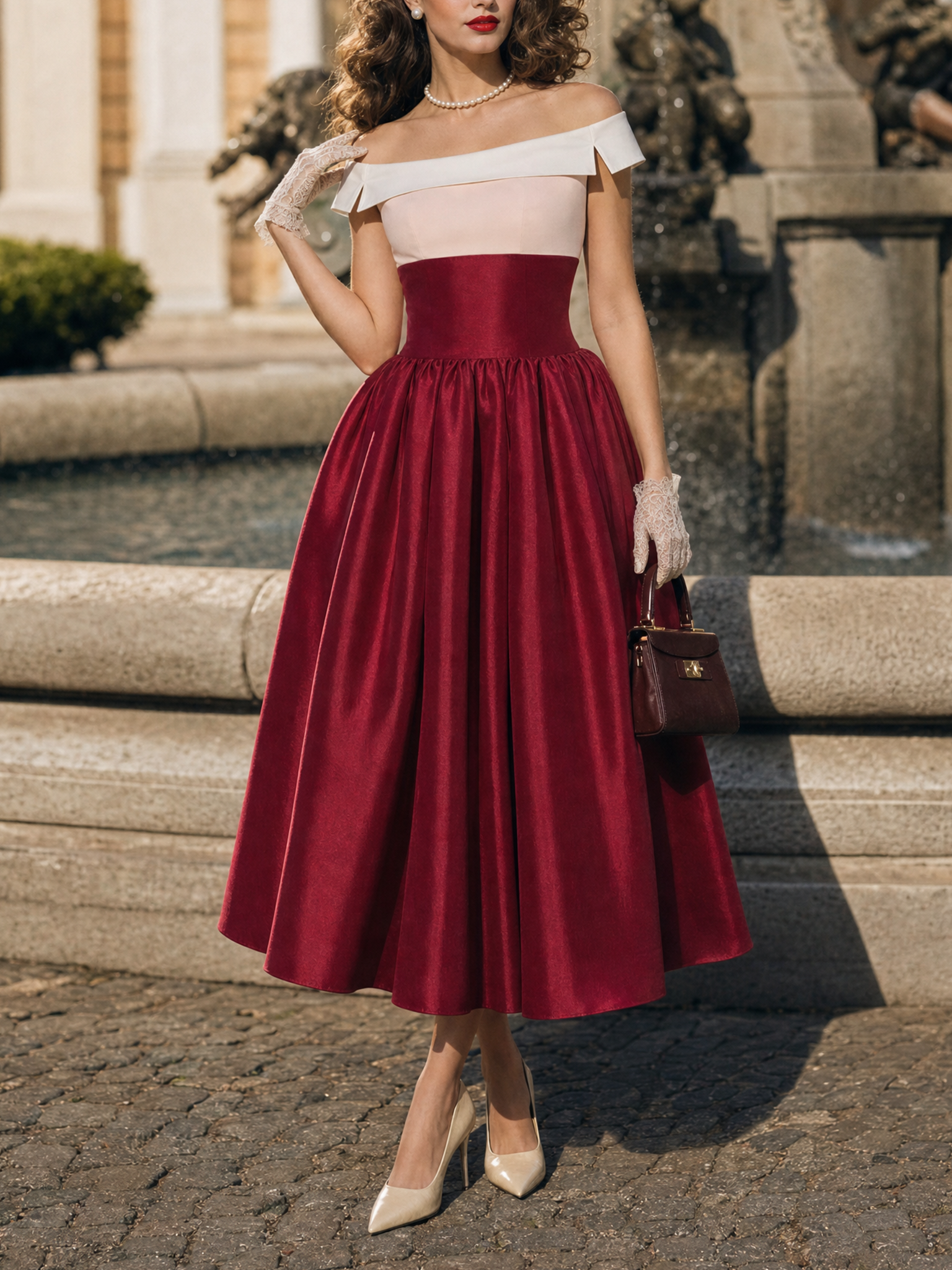 Vintage 1950s Two Tone Off Shoulder Satin Swing Midi Dress