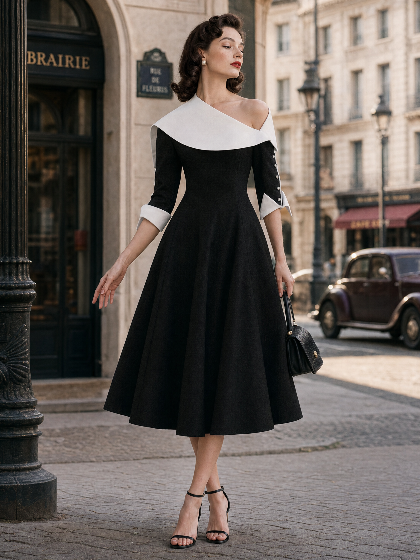Vintage Asymmetric Neck Color Contrast Swing Midi Dress