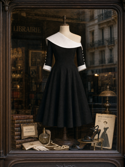 Vintage Asymmetric Neck Color Contrast Swing Midi Dress