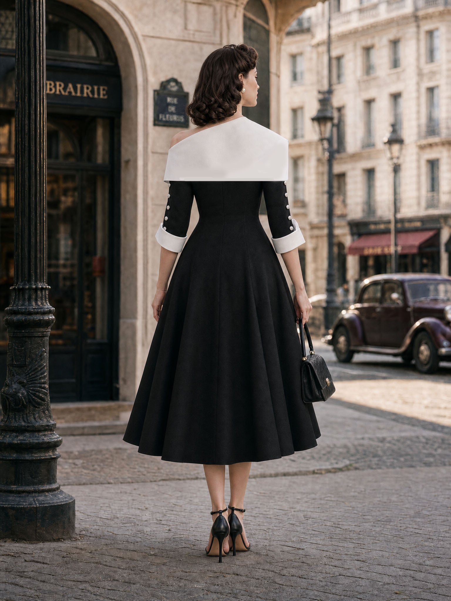Vintage Asymmetric Neck Color Contrast Swing Midi Dress