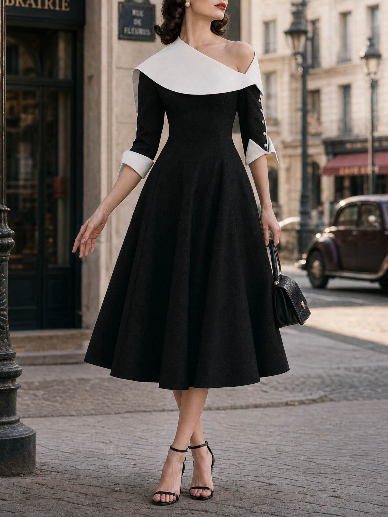 Vintage Asymmetric Neck Color Contrast Swing Midi Dress
