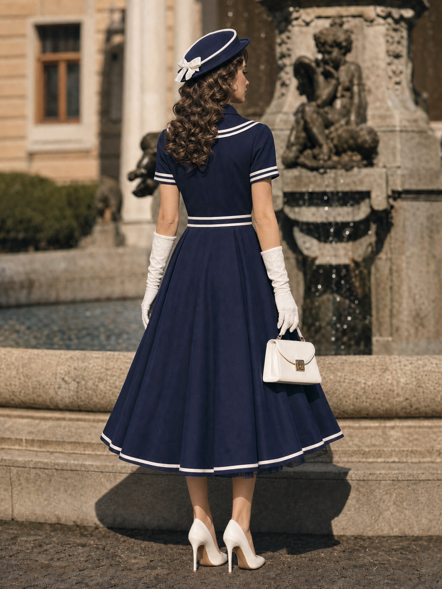 Vintage 1950s Navy Sailor Collar Bow Swing Midi Dress