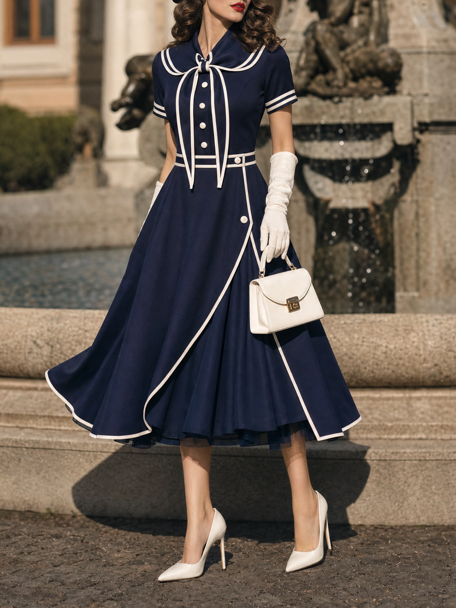Vintage 1950s Navy Sailor Collar Bow Swing Midi Dress