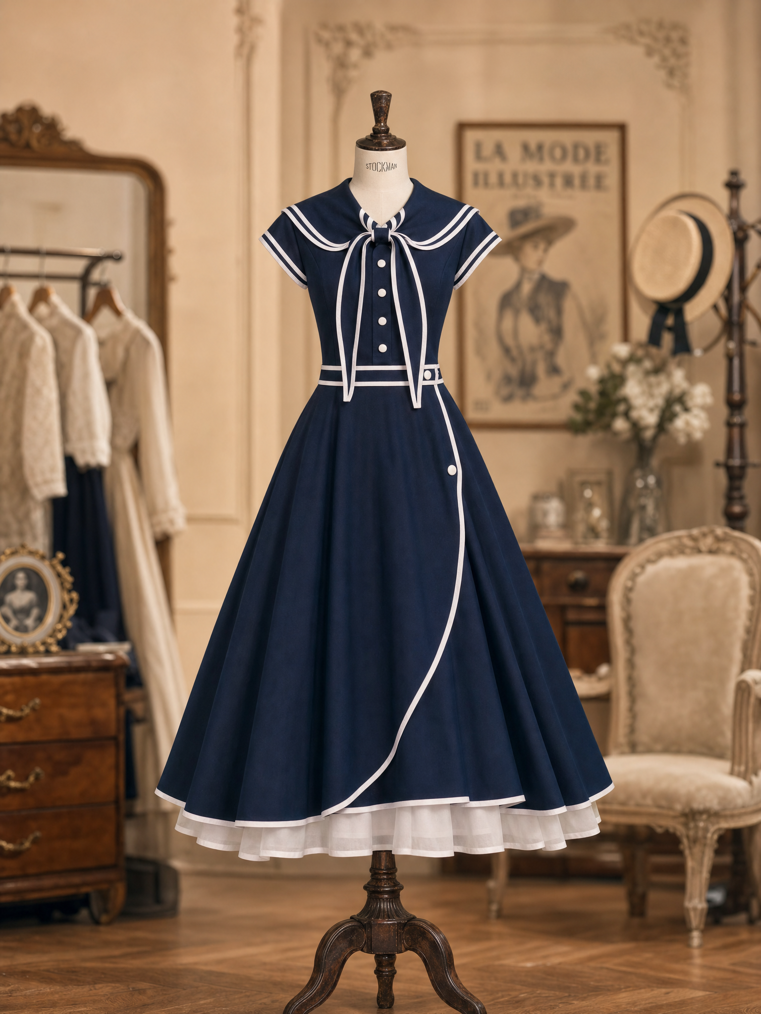 Vintage 1950s Navy Sailor Collar Bow Swing Midi Dress
