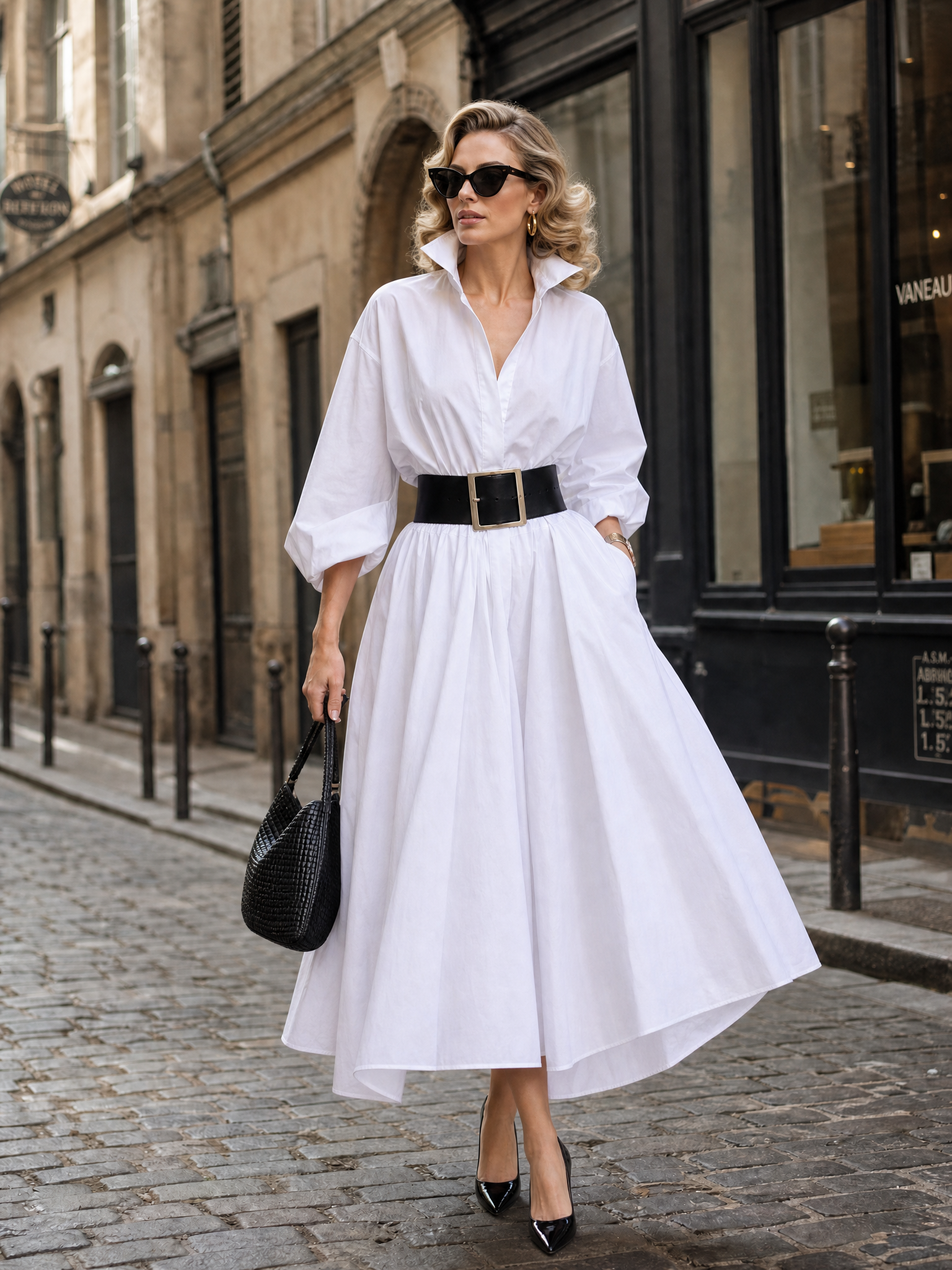 Elegant White Puff-Sleeve Fit-and-Flare Shirt Midi Dress