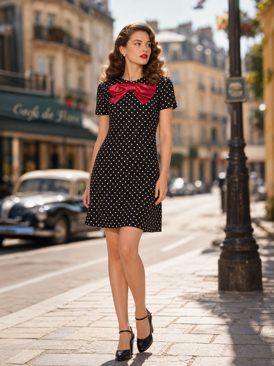 Vintage Black Polka Dot Short Sleeve A-Line Mini Dress