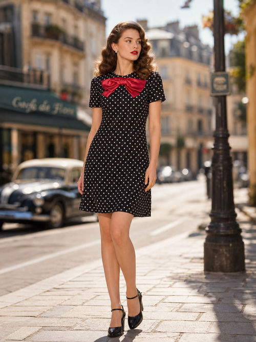 Vintage Black Polka Dot Short Sleeve A-Line Mini Dress