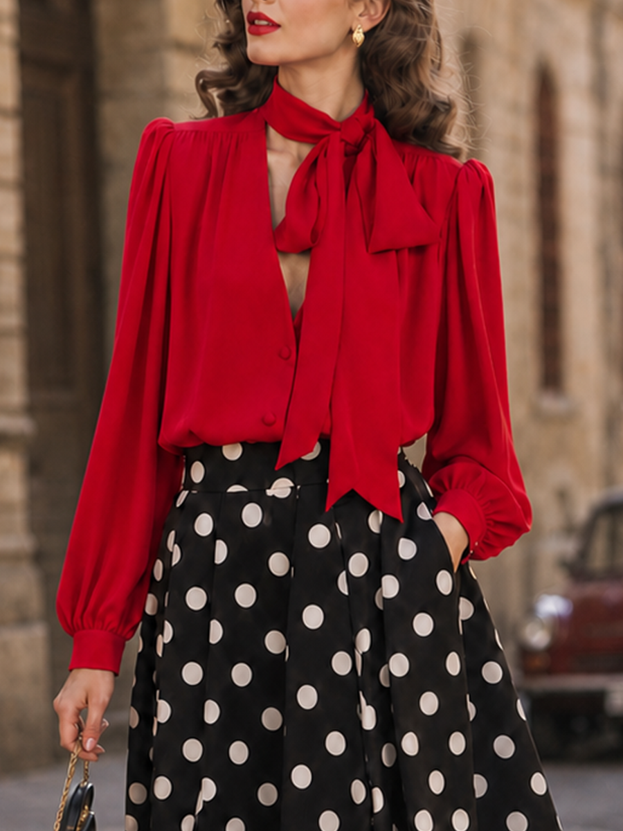 Vintage French Red Pussy-Bow Tie-Neck Blouse