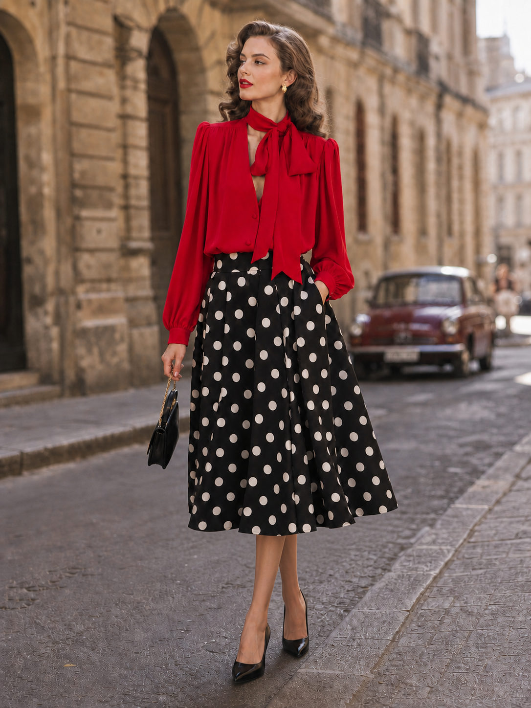Vintage Black White Polka Dot High-Waist A-Line Midi Skirt
