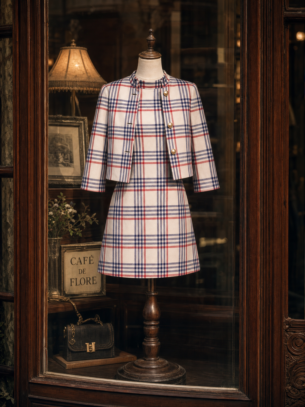 Vintage Plaid Mini Dress And Blazer Cardigan Two-piece Set