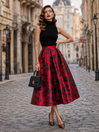 Elegant Wine-Red Floral-Print A-Line Midi Skirt
