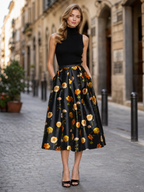 Elegant Black & Gold Floral Print Side Pockets Midi Skirt
