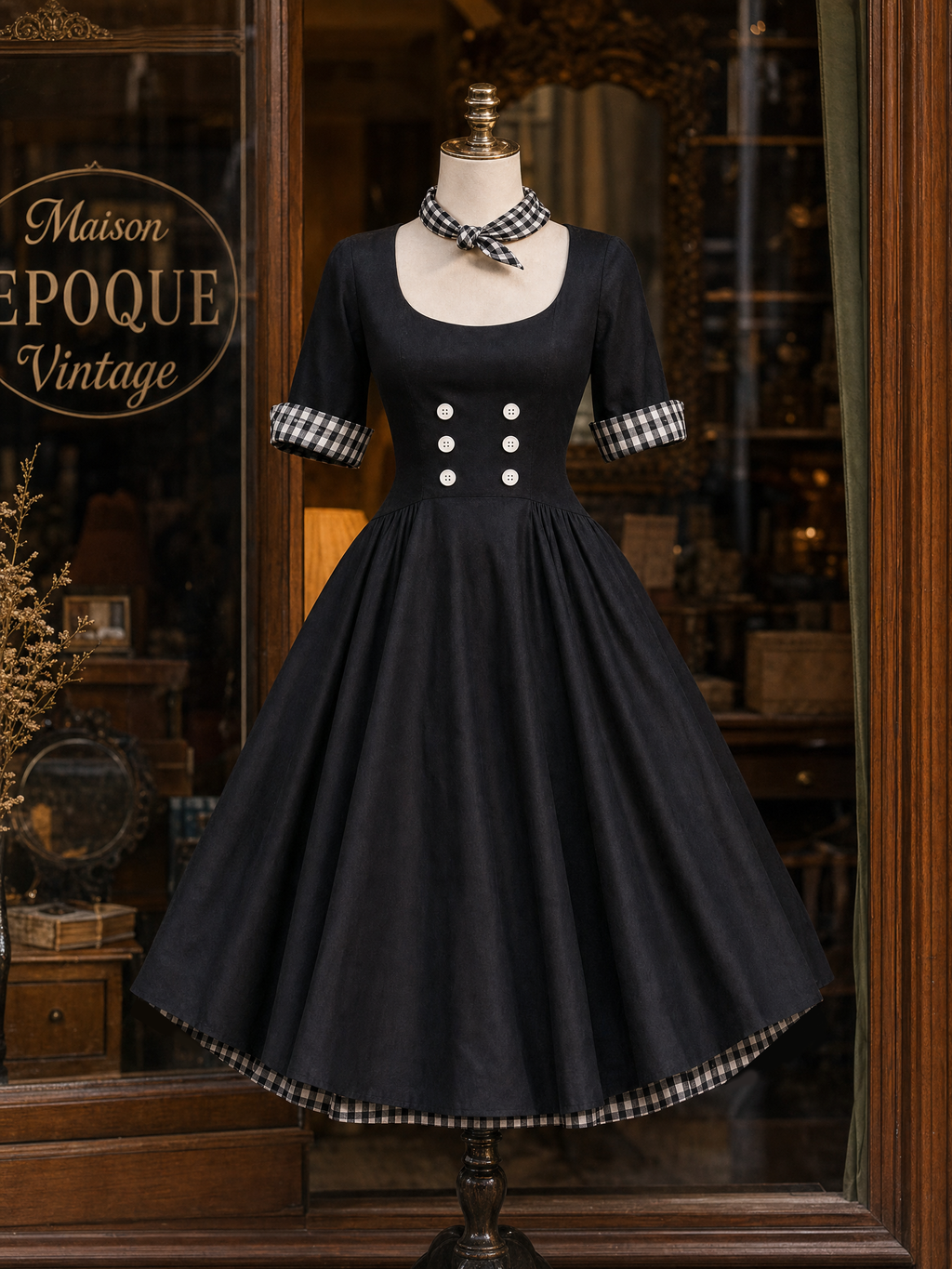 Vintage Square Neck Dress Button Detailing Maxi Dress