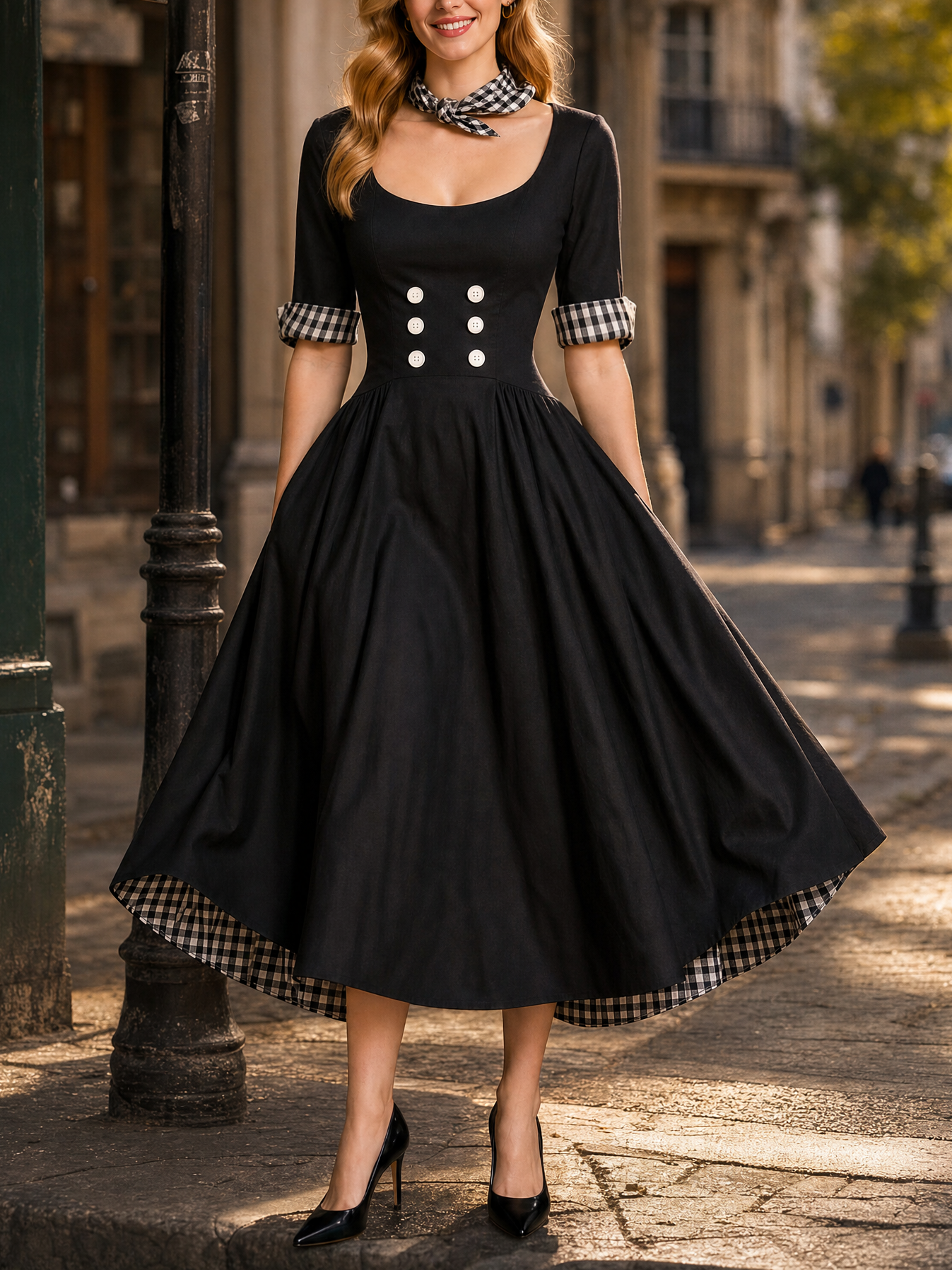 Vintage Square Neck Dress Button Detailing Maxi Dress
