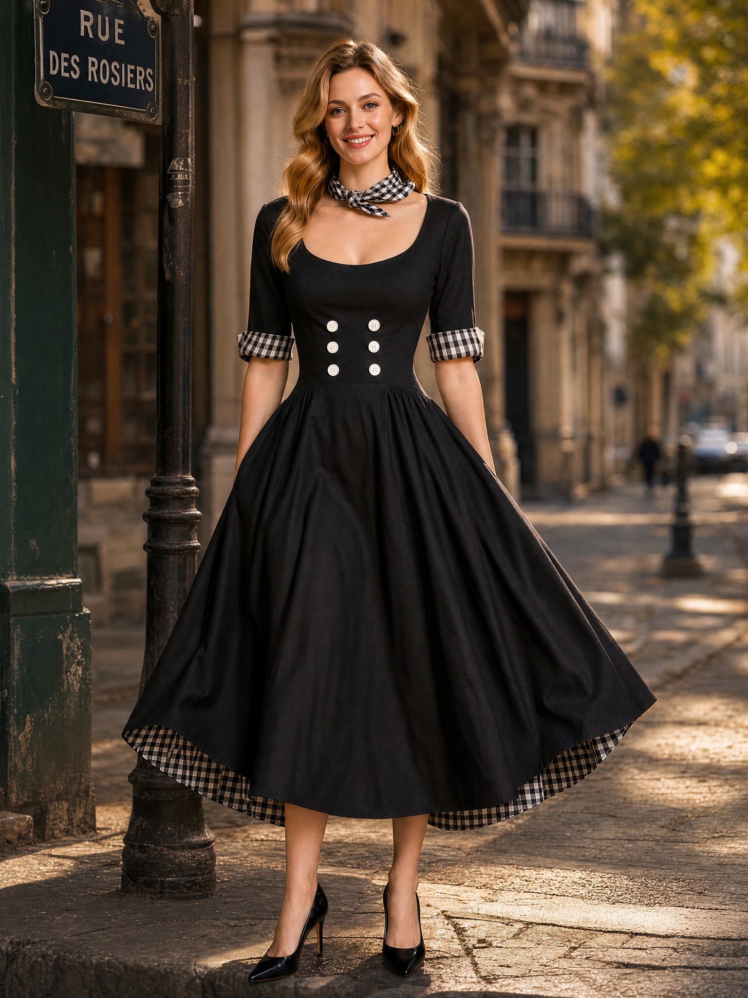 Vintage Square Neck Dress Button Detailing Maxi Dress