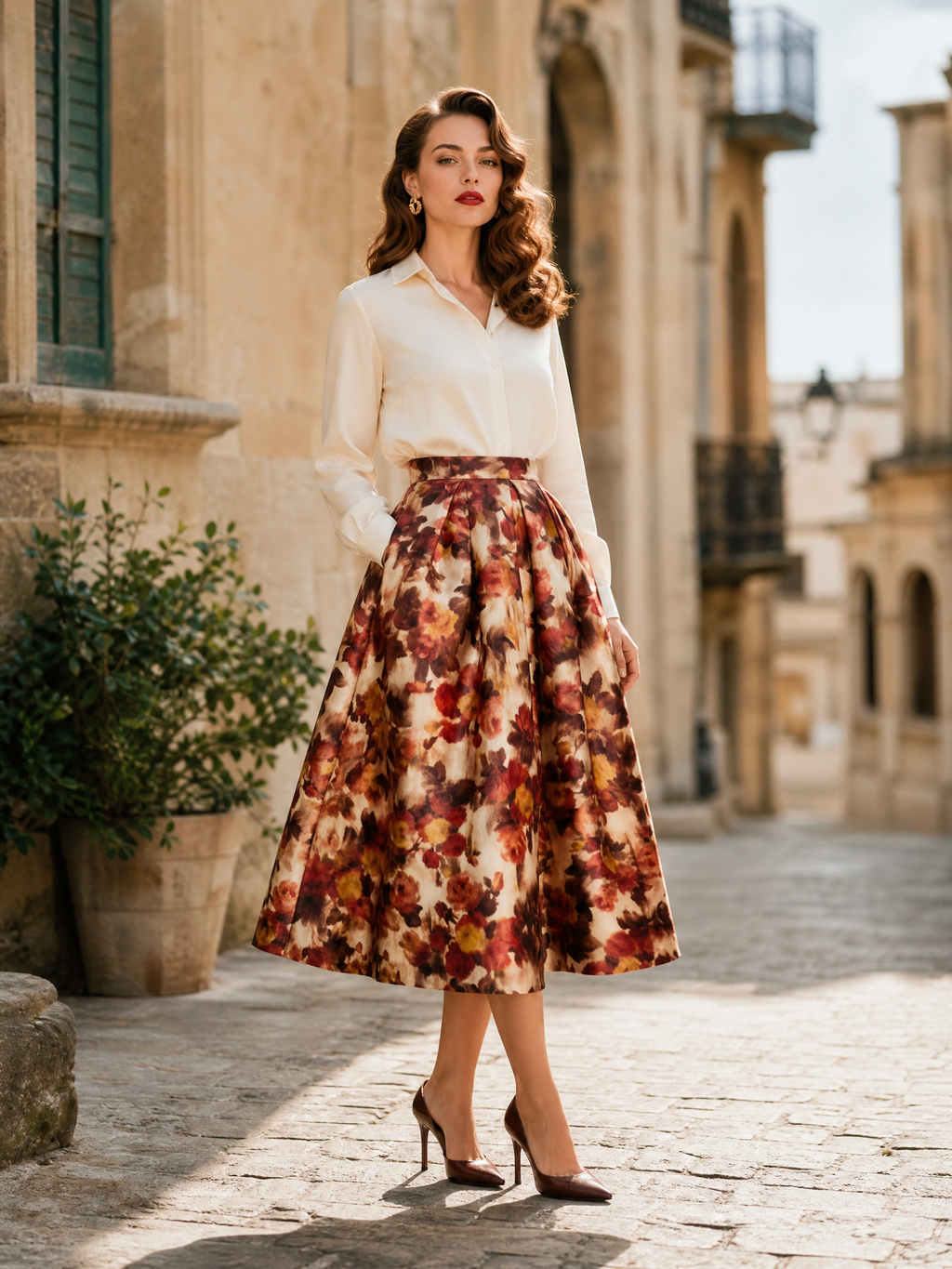 Retro Autumn Blooms Terracotta Floral A-Line Midi Skirt