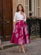 Retro French Chic Peony Floral Side Pockets Midi Skirt