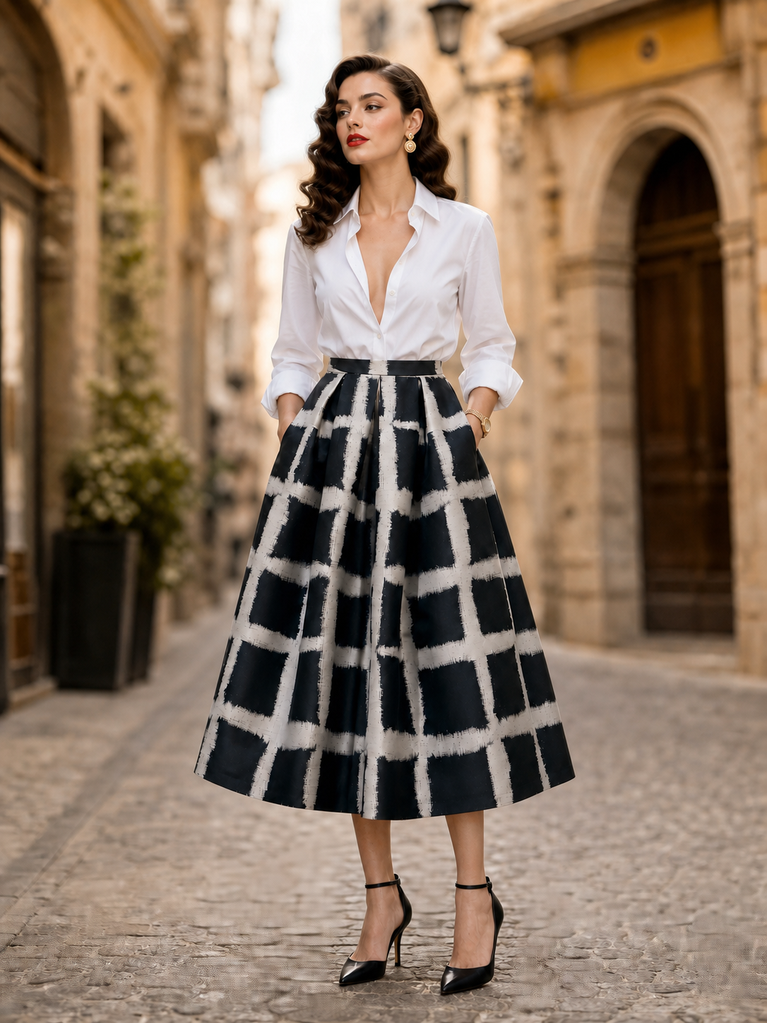 Vintage Black & White Abstract Plaid A-Line Midi Skirt