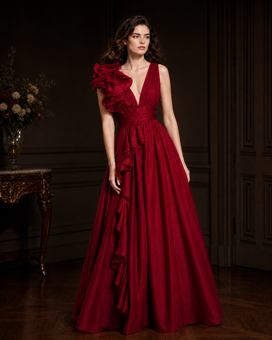 Vintage Ruffle Detailing V-neck Evening Maxi Dress