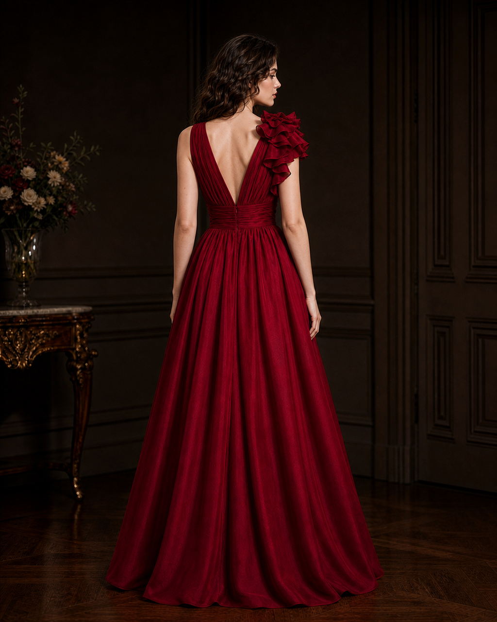 Vintage Ruffle Detailing V-neck Evening Maxi Dress