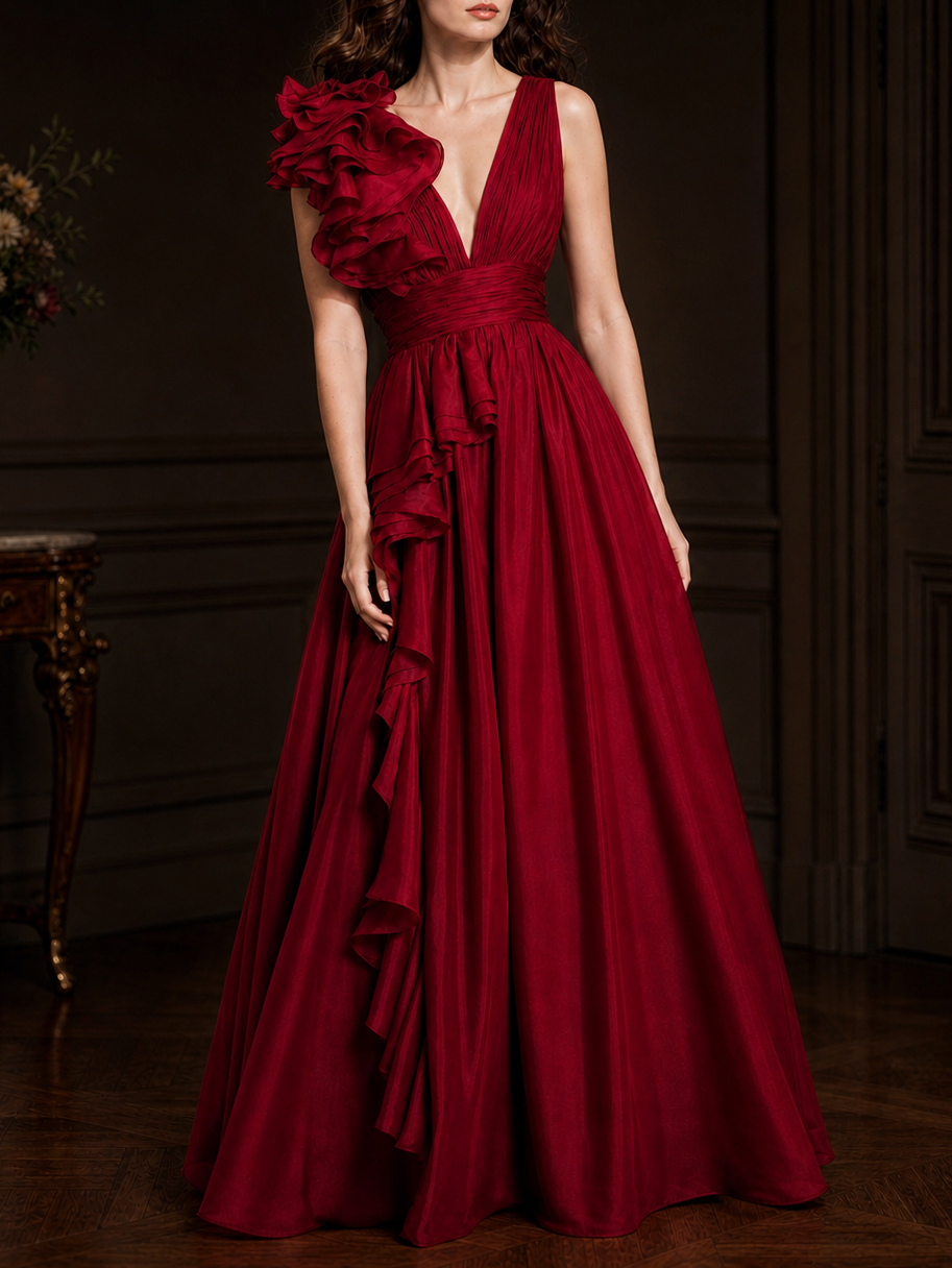 Vintage Ruffle Detailing V-neck Evening Maxi Dress