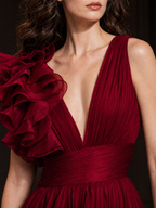 Vintage Ruffle Detailing V-neck Evening Maxi Dress