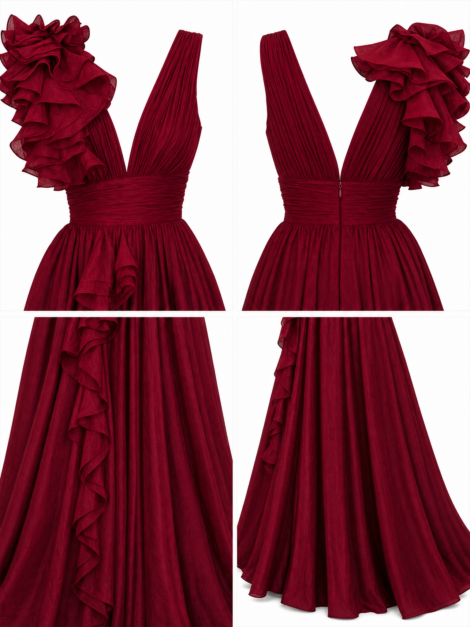Vintage Ruffle Detailing V-neck Evening Maxi Dress