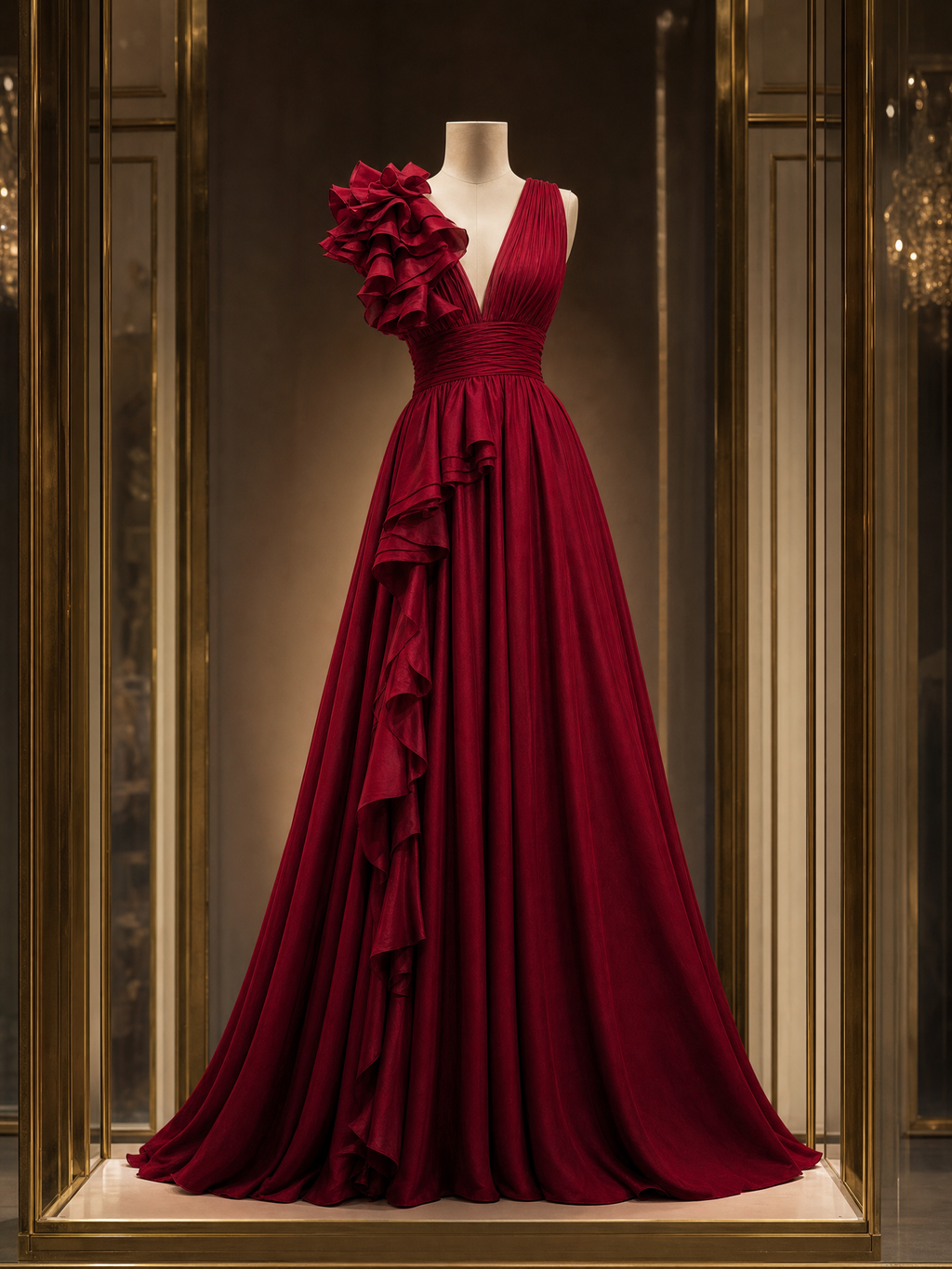 Vintage Ruffle Detailing V-neck Evening Maxi Dress