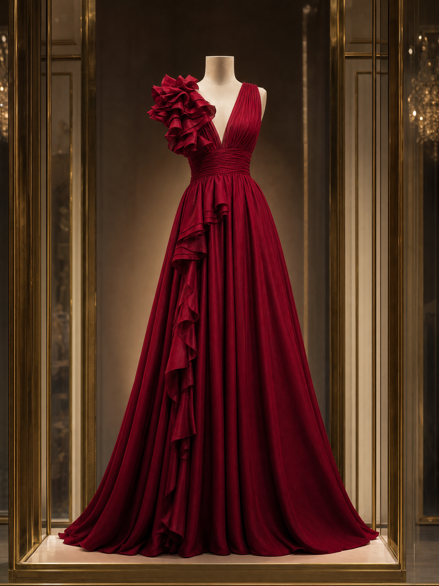 Vintage Ruffle Detailing V-neck Evening Maxi Dress