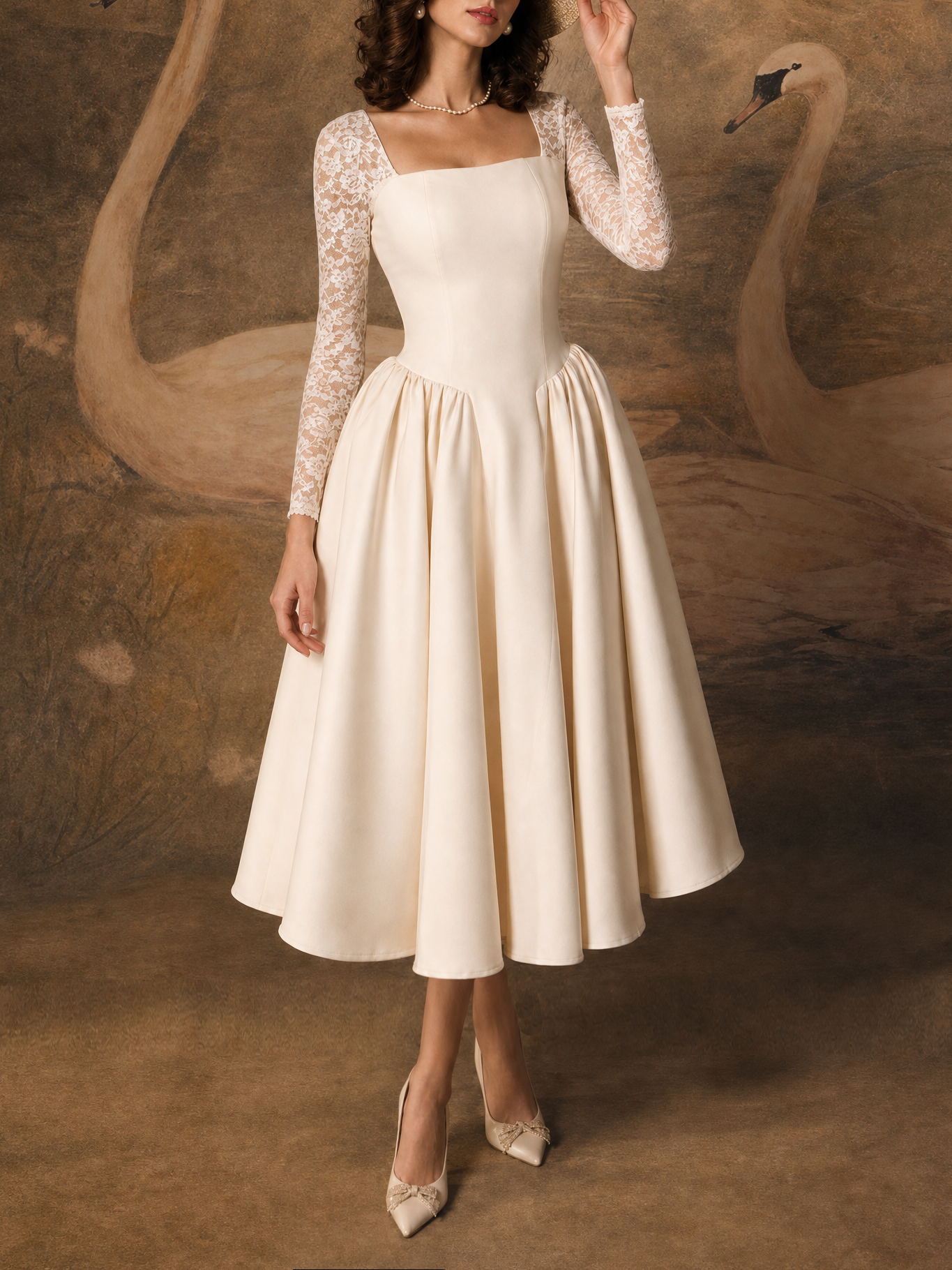Vintage Square Neck Lace Splicing Swing Midi Dress