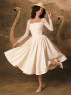 Vintage Square Neck Lace Splicing Swing Midi Dress