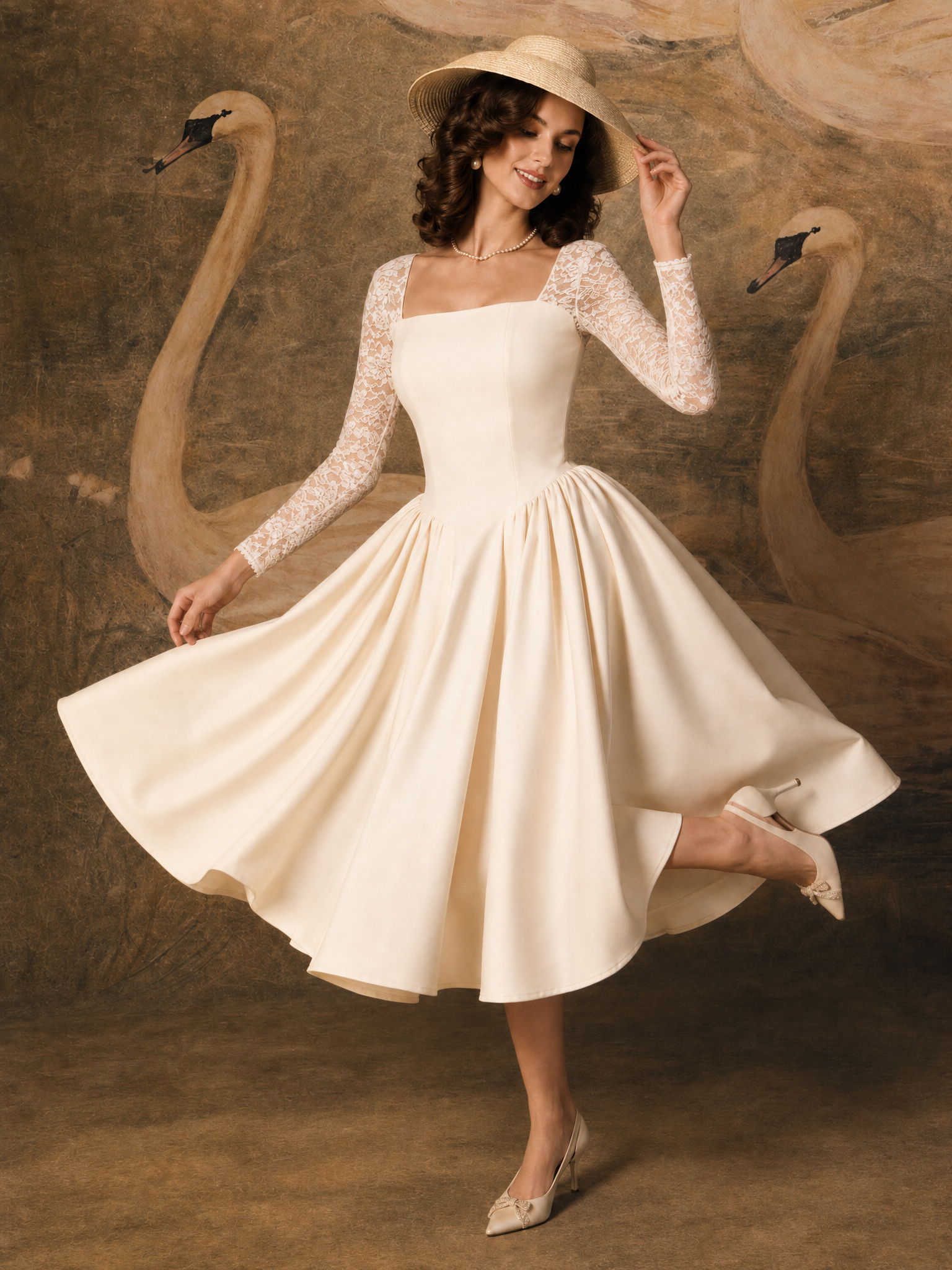 Vintage Square Neck Lace Splicing Swing Midi Dress