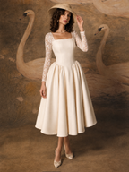 Vintage Square Neck Lace Splicing Swing Midi Dress
