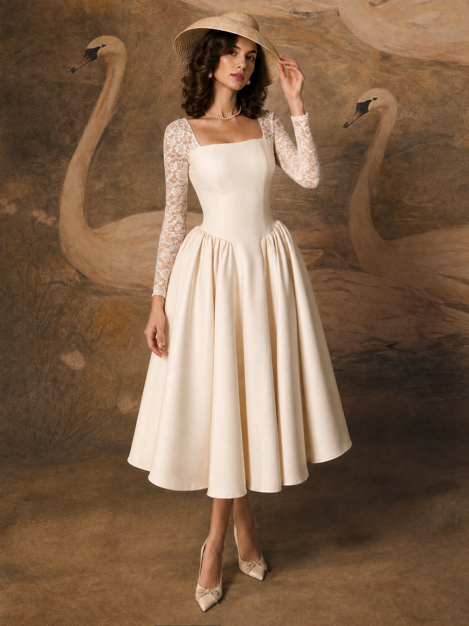 Vintage Square Neck Lace Splicing Swing Midi Dress
