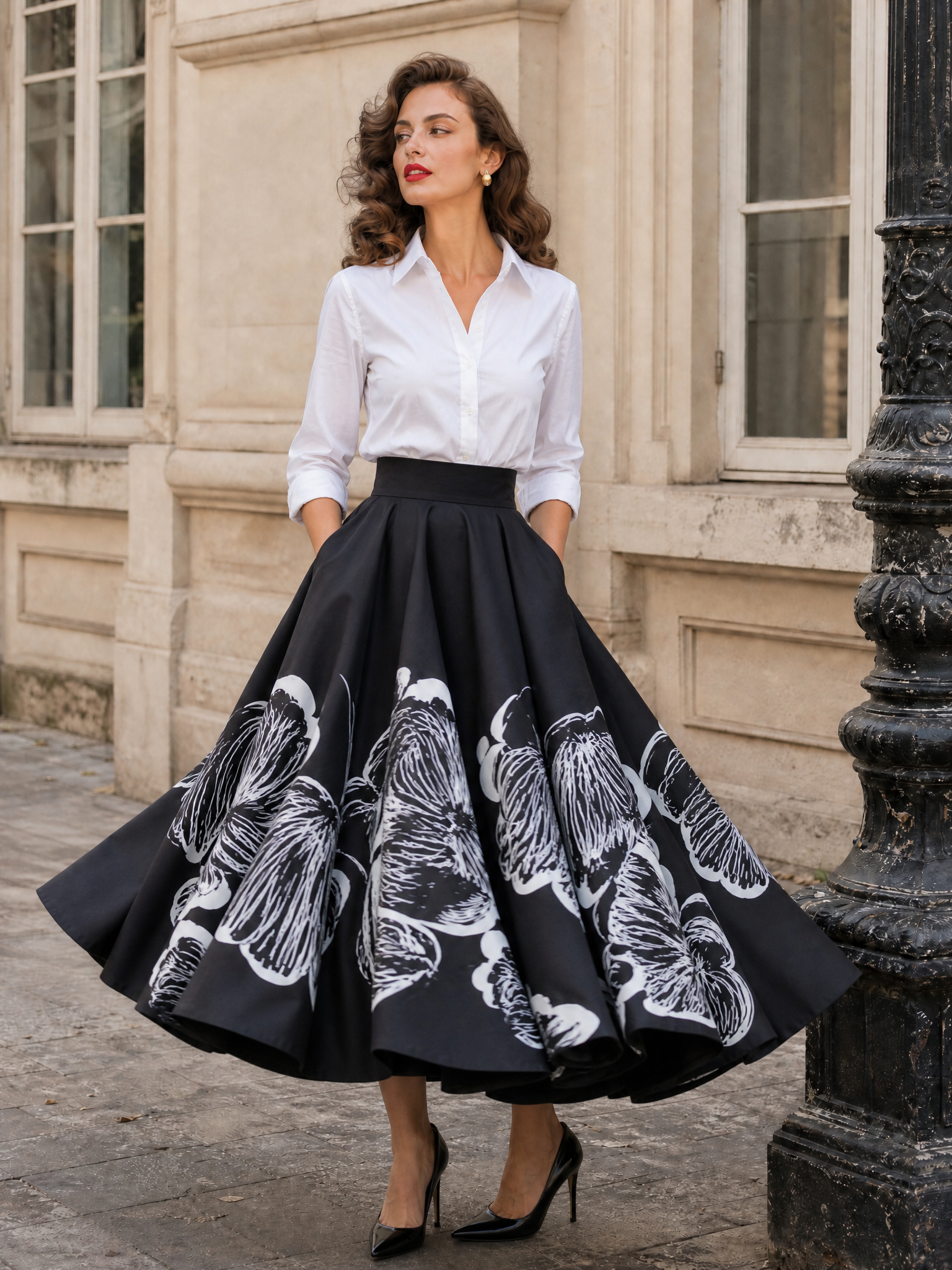 Retro Elegant Black Watercolor-Floral Print Maxi Skirt
