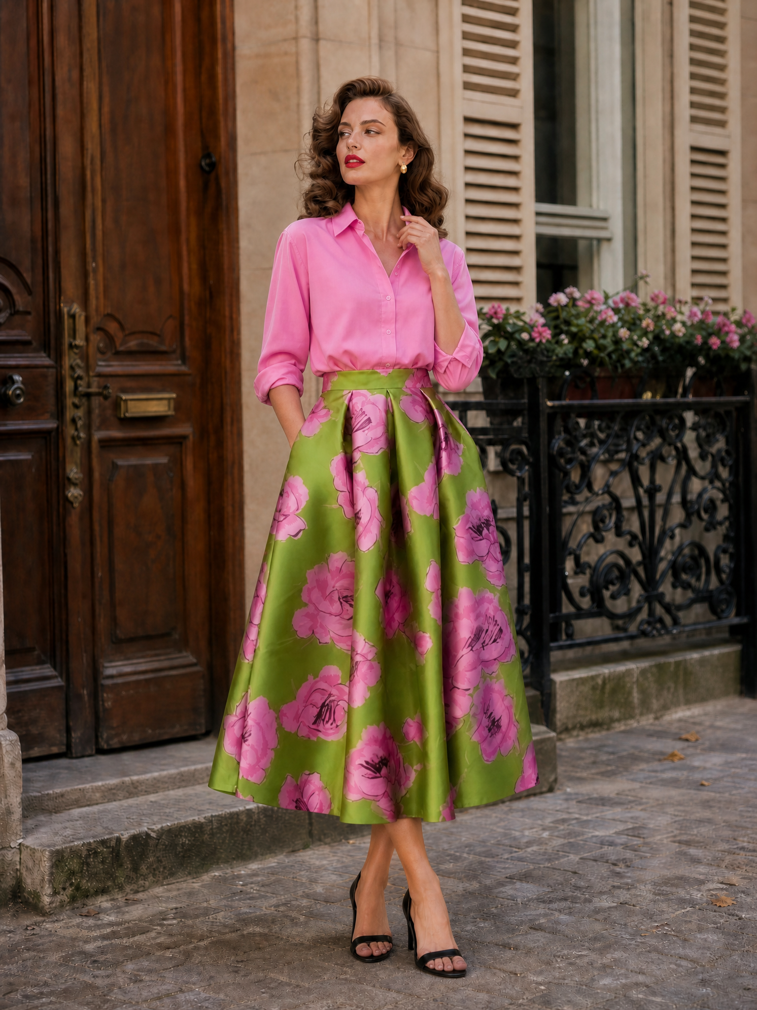 Vintage Elegant Green & Pink Rose Floral Print A-Line Midi Skirt