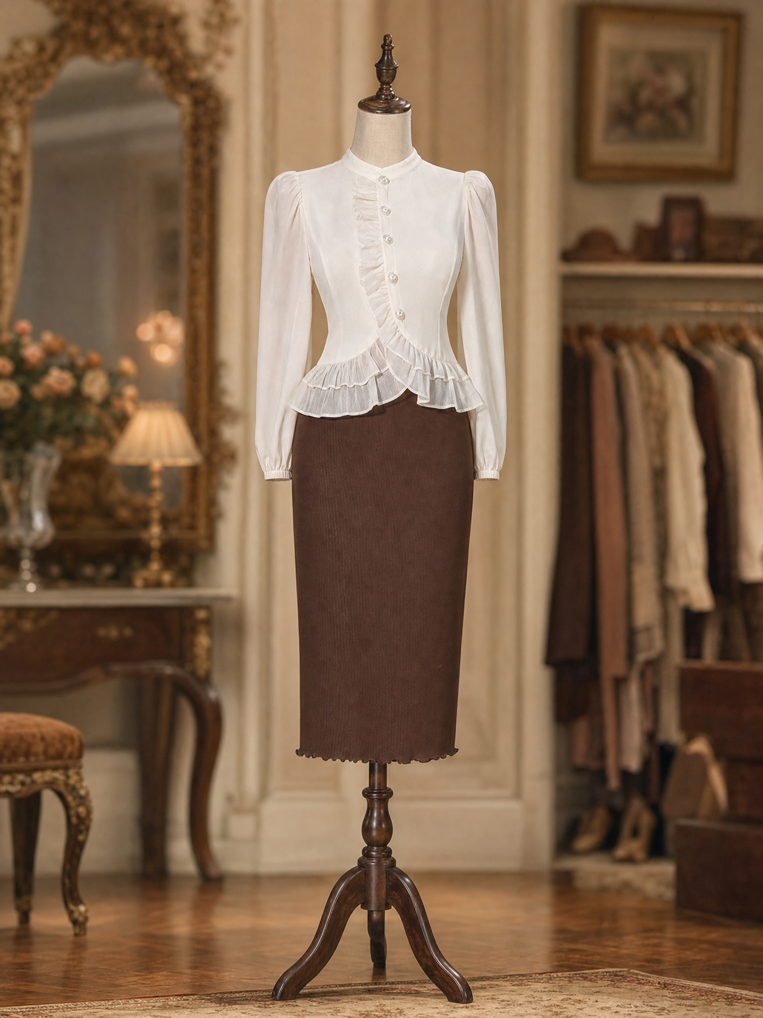 Vintage Ruffle Sheer Puff Sleeve Crop Mandarin Collar Blouse