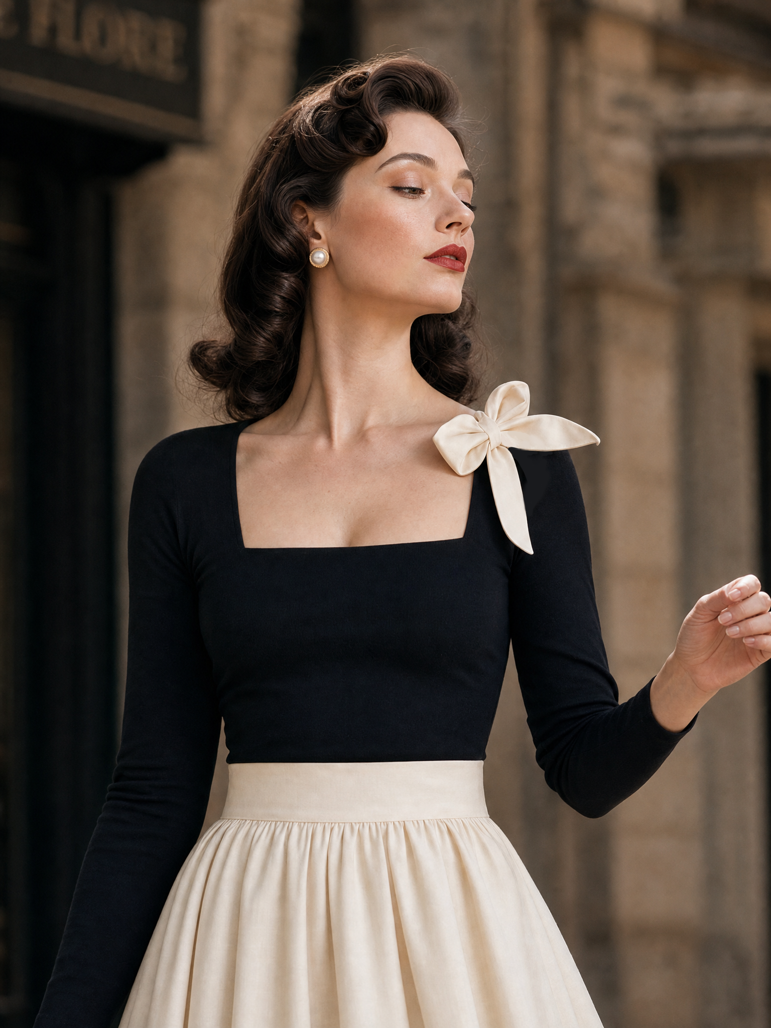 Vintage Square Neck Bow Swing Maxi Skirt Two-piece Set