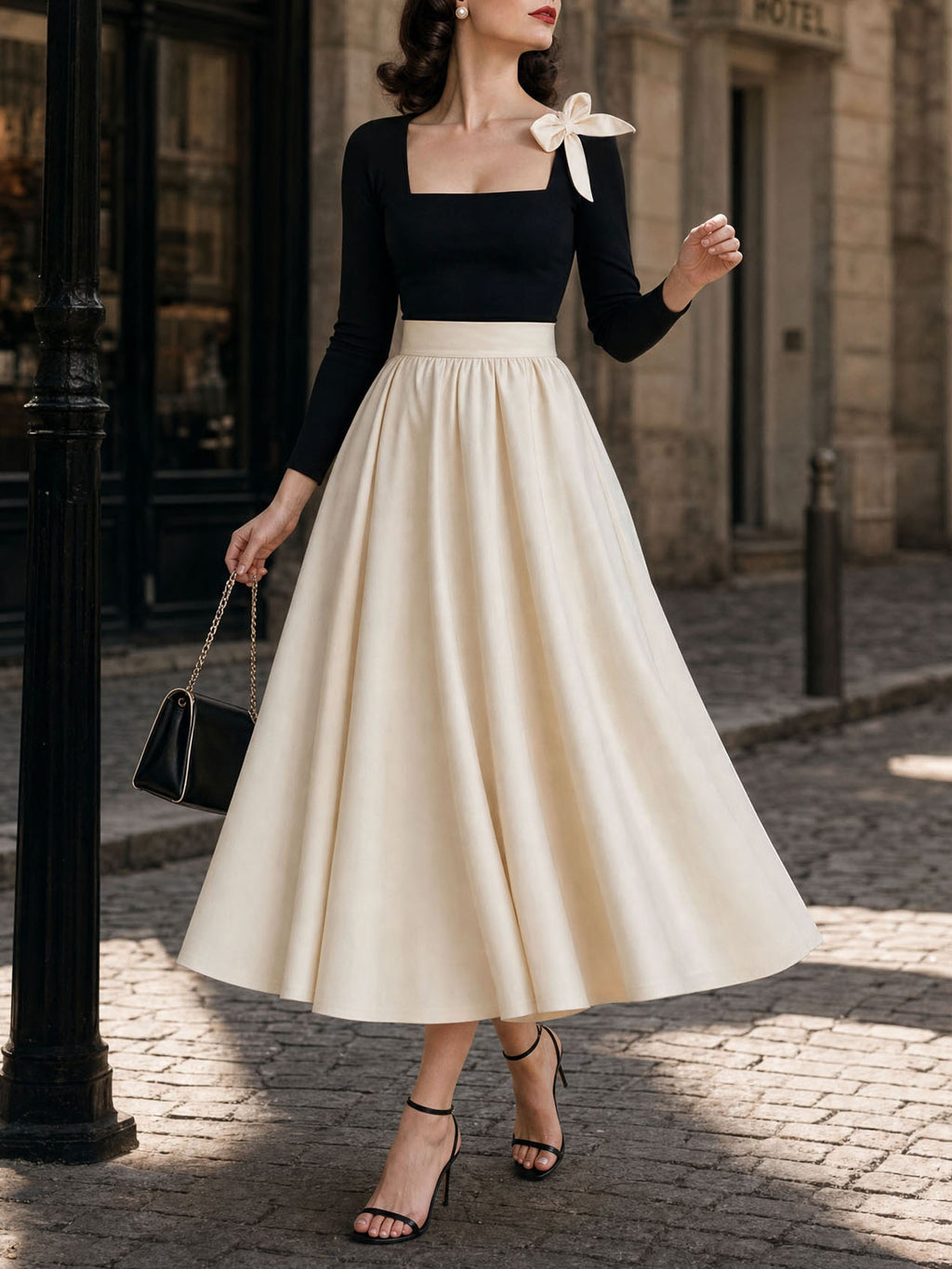 Vintage Square Neck Bow Swing Maxi Skirt Two-piece Set
