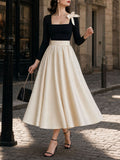 Vintage Square Neck Bow Swing Maxi Skirt Two-piece Set