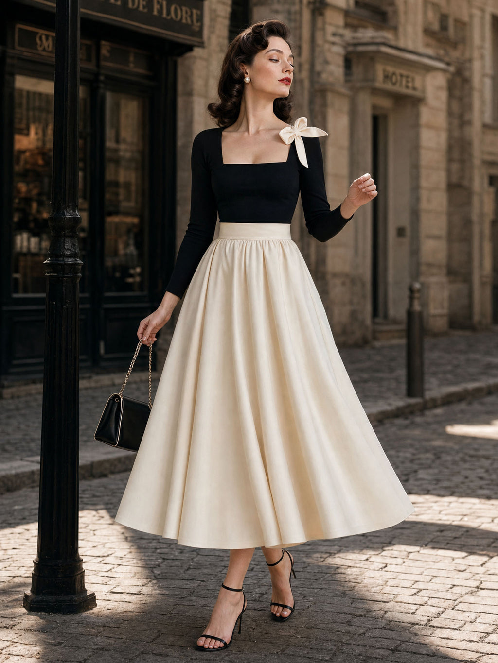 Vintage Square Neck Bow Swing Maxi Skirt Two-piece Set