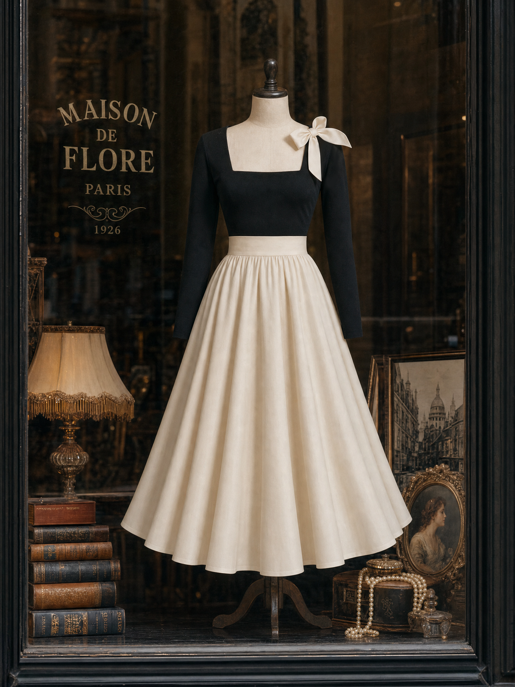 Vintage Square Neck Bow Swing Maxi Skirt Two-piece Set