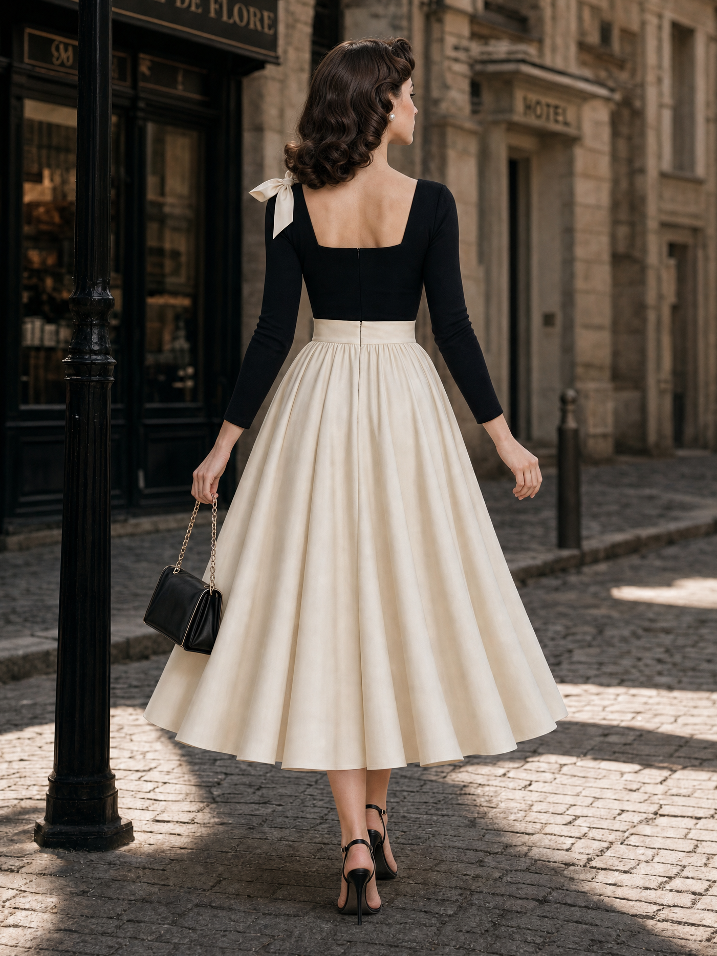 Vintage Square Neck Bow Swing Maxi Skirt Two-piece Set