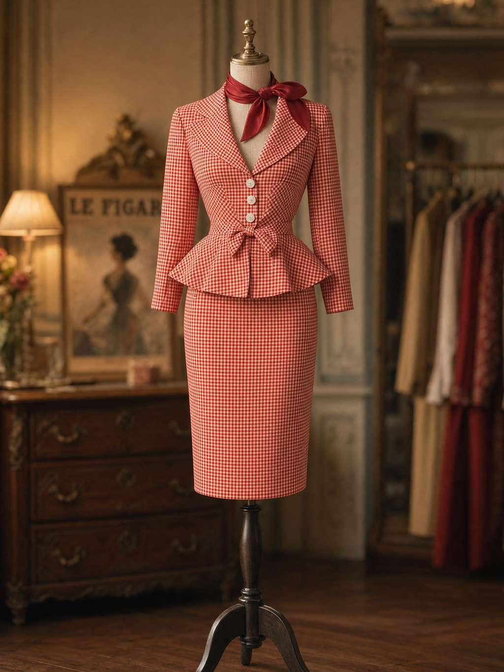Vintage Red White Gingham Waist-Cinched Blazer & Bodycon Skirt Two-Piece Set