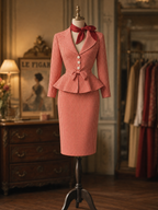 Vintage Red White Gingham Waist-Cinched Blazer & Bodycon Skirt Two-Piece Set