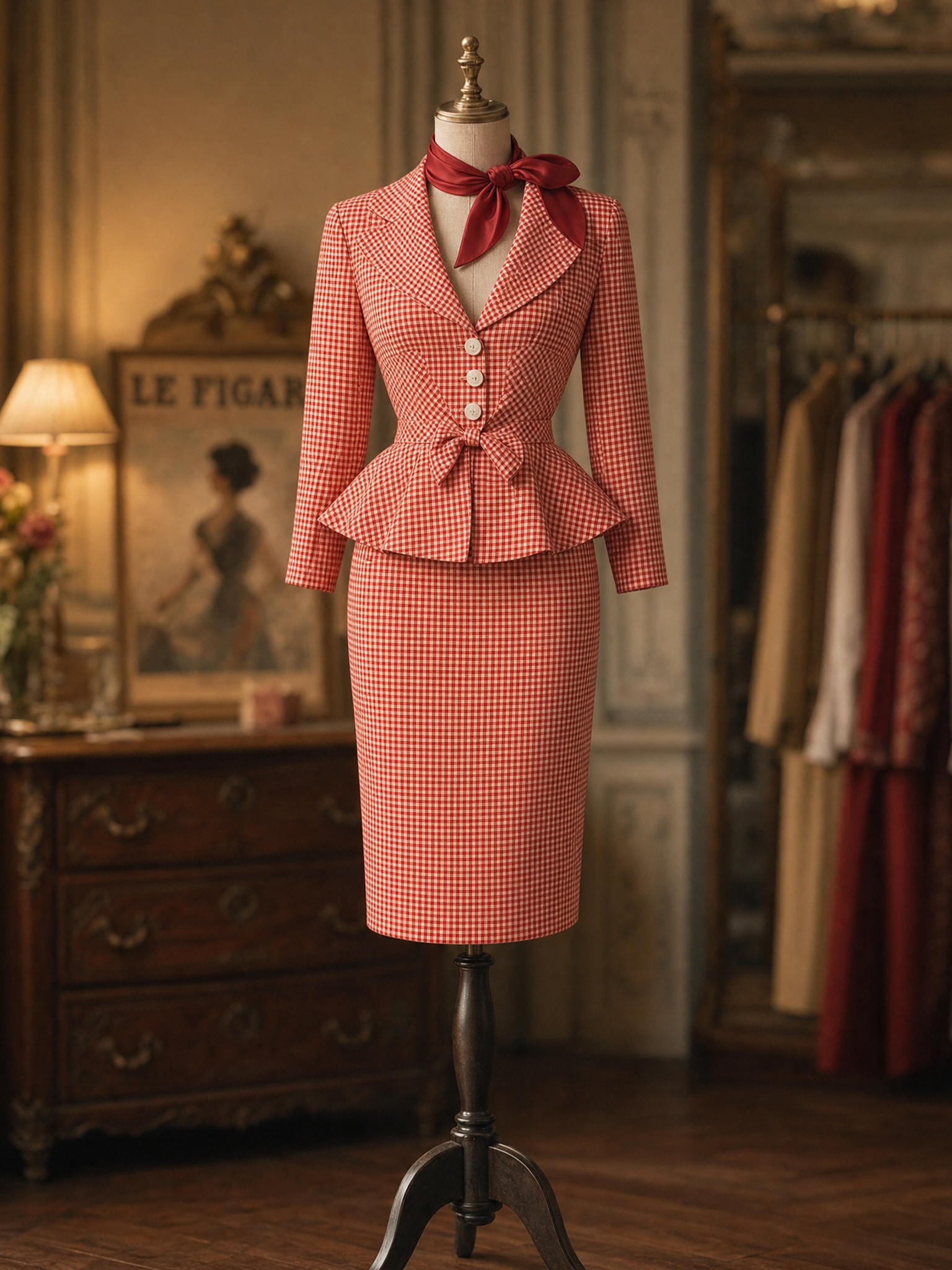 Vintage Red White Gingham Waist-Cinched Blazer & Bodycon Skirt Two-Piece Set