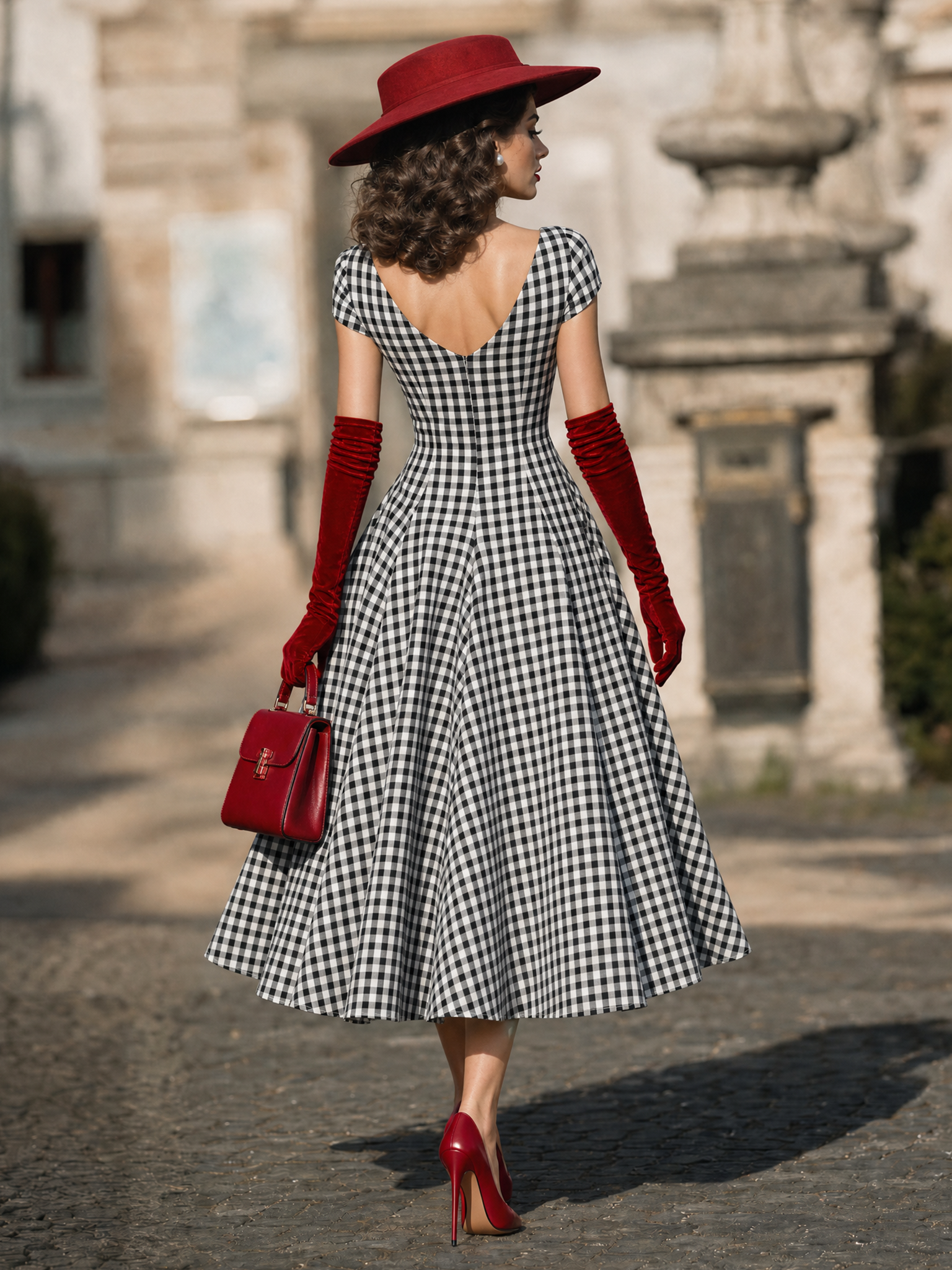 Vintage Black White Gingham Deep V Lace-Up Swing Midi Dress