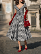 Vintage Black White Gingham Deep V Lace-Up Swing Midi Dress